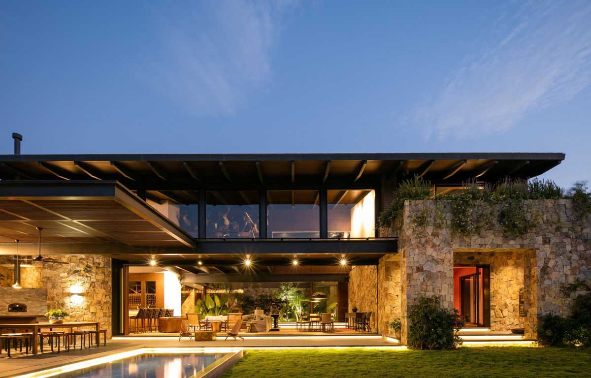 Brick and Stone 3 Storey Modern Tropical Residencia Arquitectos Front View