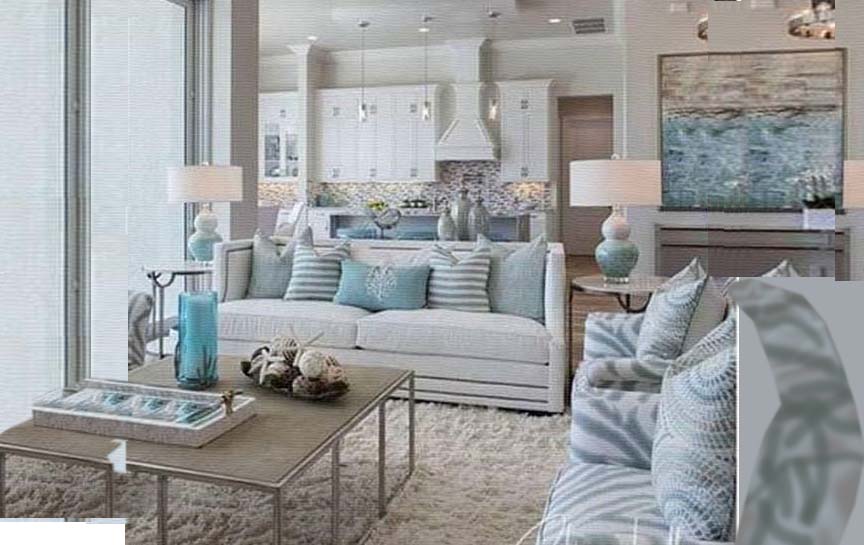 Pastel Color Living Room Color scheme with beige carpet and accent blue pillows and accessories