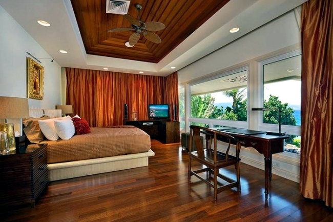 Wood floor contrast with modern white wall and Ceiling Interiors - wood ceiling bedroom
